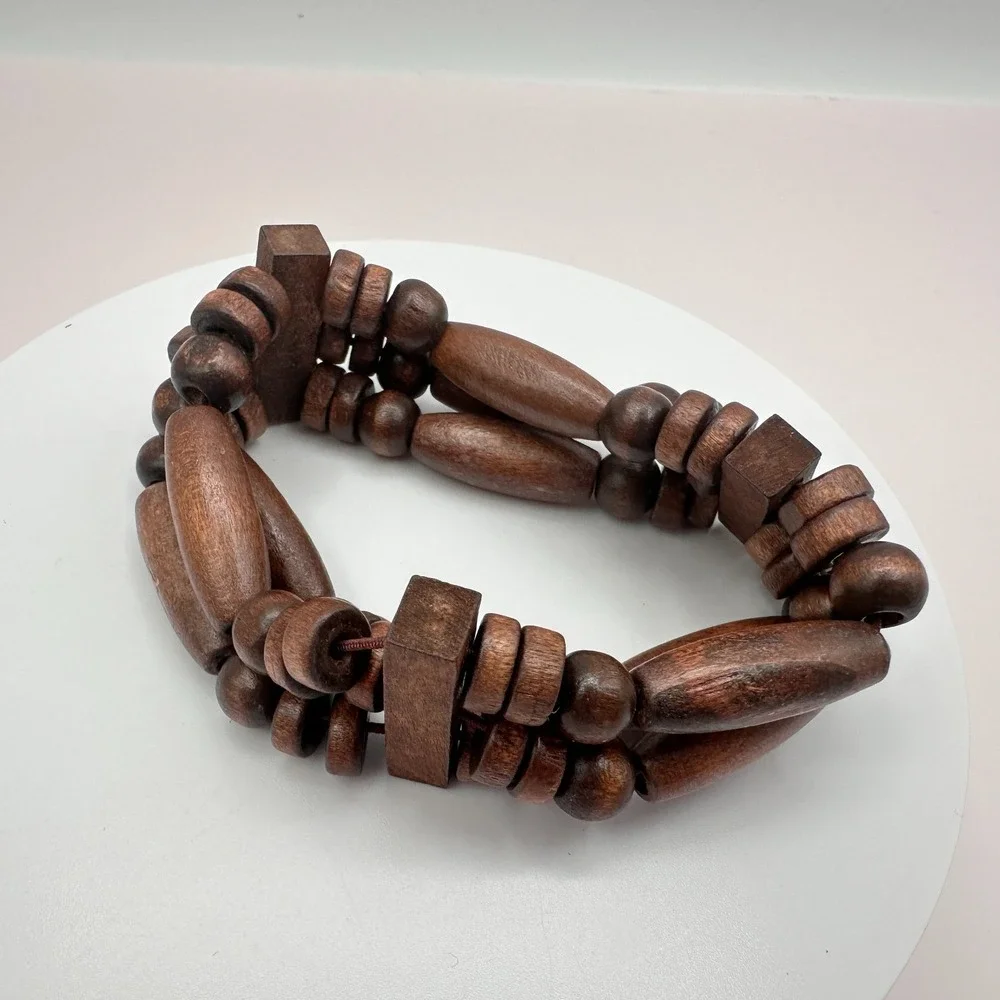 Vintage 90s Brown Three Row Wood Bead Stretch Cord Bracelet Jewelry Statement